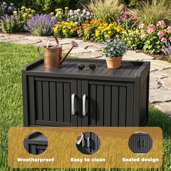 ROJIK Shoe Cabinet Waterproof UV-Resistant,Storage Bench Indoor Outdoor with Adjustable Shelves,for Entryway Bedroom,Hallway,Living Room(Double Door,Black)