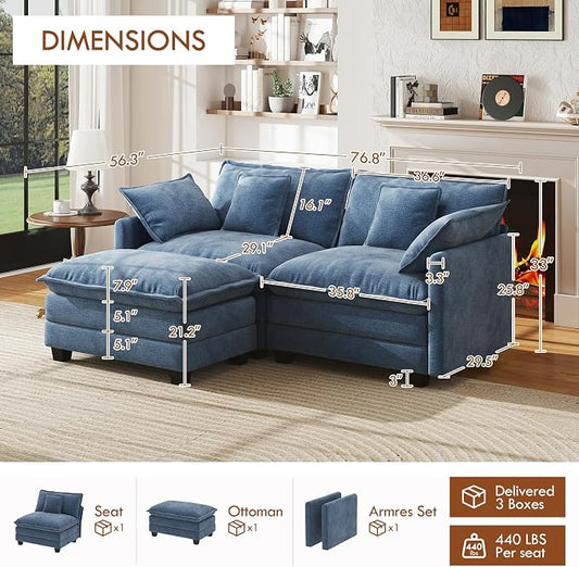 WorthFurni 77 Inch L Shape Cloud Sofa, Modular Sectional Couch with Ottoman, Comfy Chenille Deep Seat Loveseat with Pillow for Living Room Bedroom Apartment (Blue)