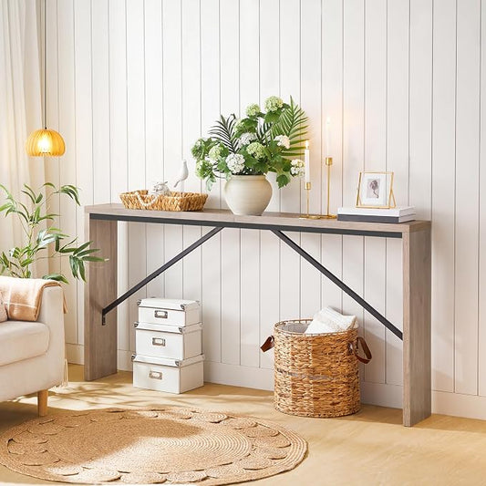 MAHANCRIS Console Table, 62.2" Long Sofa Table Behind Couch, Narrow Entryway Table, Farmhouse Dining Table with Angled Metal Frame, Industrial Console Table for Entryway, Greige CTHG15801