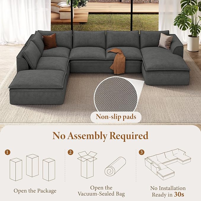 Vesgantti 141.7" U Shaped Boneless Sectional Couch, Modern 6 Seater Modular Sofa with Chaise & Ottoman, Deep Seat Corduroy Cloud Couches for Living Room, No Assembly Required, Dark Gray