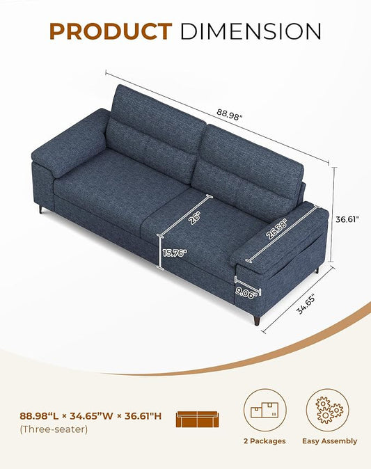 Upvilla 88.97" Modern Sofa Couch for Living Room, Deep Seat Sofas with 8”Cushion, Comfy 2-Seater Chenille Loveseat with Convertible Armrest, Removable Sofa Cover, High Leg (Blue)