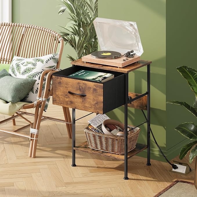 WLIVE Night Stand with Charging Station, Small Nightstand with Fabric Drawer and Open Shelf, 25" H Bedside Table for Bedroom, 2-Tier Storage End Tables, Dresser for Dorm, Entryway, Rustic Brown