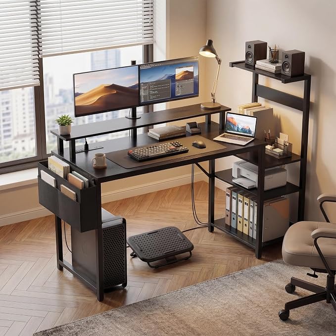 Apicizon 47 Inch Gaming Desk with LED Setup Style, Computer Desk with Storage Shelves & Monitor Stand, Reversible Workstation for Small Space, Home Office Desk with Side Pocket