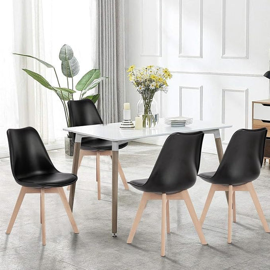 OLIXIS Dining Chairs Set of 4, Mid Century Modern Accent Chairs with Curved Backrest and Wood Legs, PU Leather Upholstered Kitchen Side Chair for Living Room, Bedroom, Outdoor Patio, Black