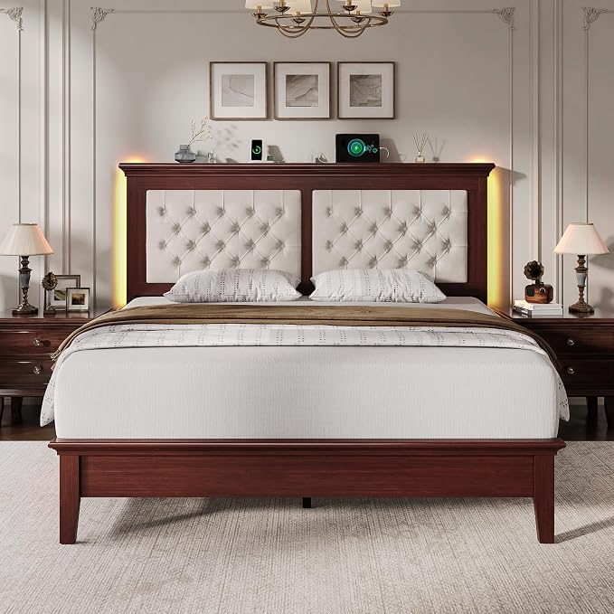 Lifezone Solid Wood Queen Bed Frame 41.5” Tall Diamond-Tufted Upholstered Headboard, American Classic Flat-Top Bed, Stable Structure, Wood Slats Support, Noise-Free, No Box Spring Needed, Redish Brown