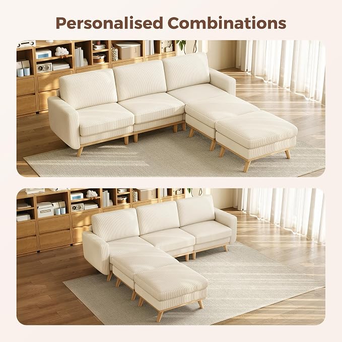Vesgantti 97" Modular Sectional Sofa Beige, U-Shaped Couch with Movable Ottoman, Comfy Corduroy Couch with Spring Cushion, Modular Sofa with Deep Seat for Living Room, Bedroom and Apartment