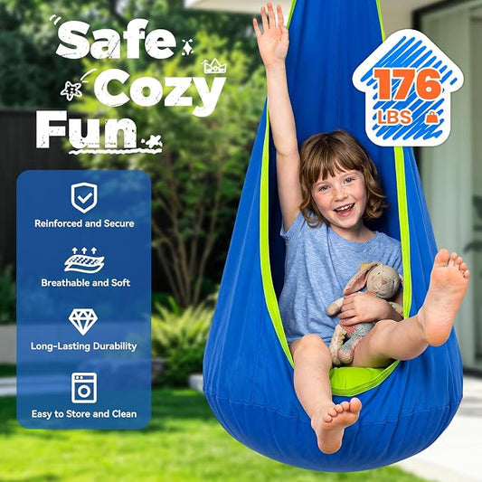 Y- STOP Pod Swing for Kids, Sensory Indoor Hanging Hammock Chair with Inflatable Pillow Sensory Cocoon Pod Swing Seat for Kids with Pocket for Indoor and Outdoor Blue and Green