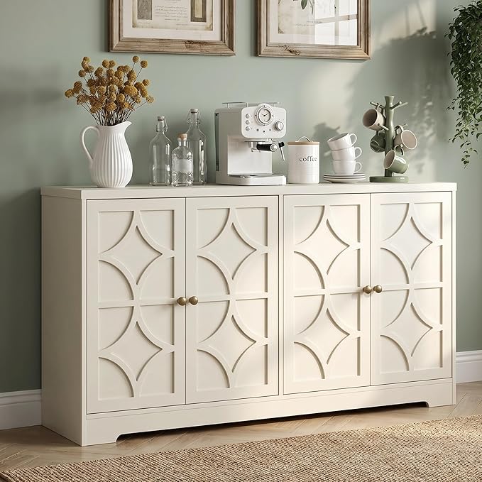 RoyalCraft 112'' Sideboard Buffet Cabinet with Storage, Modern Sideboard with 4 Carved Doors and Adjustable Shelves, Large Wood Coffee Bar Console Table for Kitchen, Dining Room, Beige