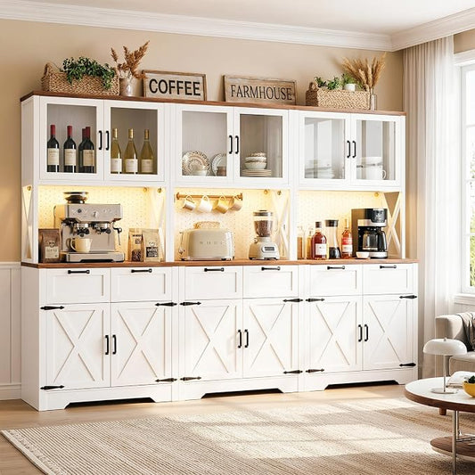 Unikito 94.5" Wide Kitchen Pantry Cabinet with 3 Power Outlets & LED Light, 71" Tall Large Kitchen Hutch with Countertop, DIY Pegboard with 18 Hooks & 6 Drawers, Farmhouse Food Pantry, Rustic White
