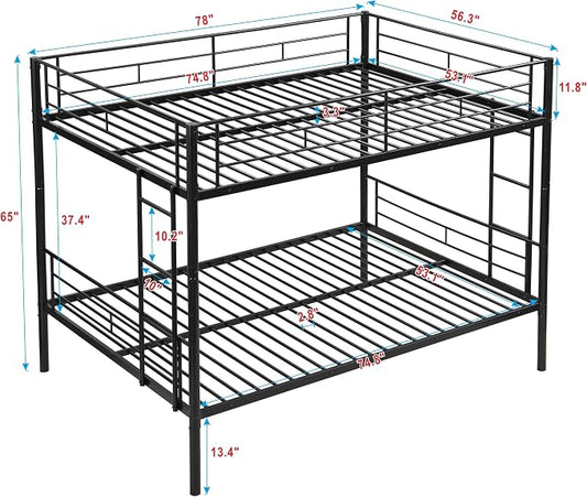 EMKK Metal Bunk Bed Full Over Full with Guardrails,Bedframe,Bunk Beds for Dorm,Bedroom,Guest Room,Heavy Duty Metal Slats, Noise Free, No Box Spring Needed, Black