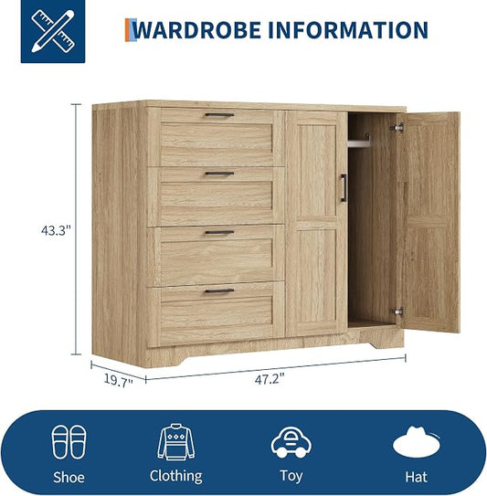 GarveeHome Multifunctional Wooden Dresser for Bedroom, 43.3 in H 2 Door Wardrobe Armoire Closet with 4 Drawers and Hanging Rod, Low Storage Cabinet for Hanging Cloth, Natural Oak