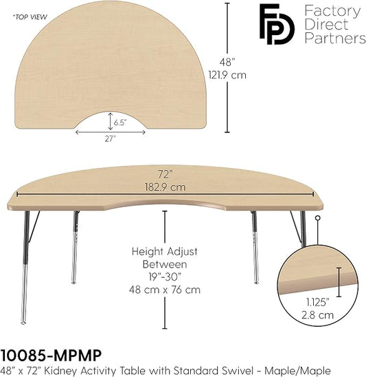 FDP Kidney Activity School and Office Table (48 x 72 inch), Standard Legs with Swivel Glides for Collaborative Seating Environments, Adjustable Height 19-30 inches - Maple Top and Maple Edge