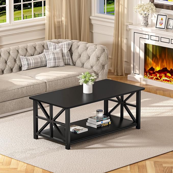 GreenForest Coffee Table for Living Room with Round Corners | Rustic Style Center Table with Storage Shelf,39 Inch X-Frame Sofa Table,Space Saving,Easy Assembly,Black