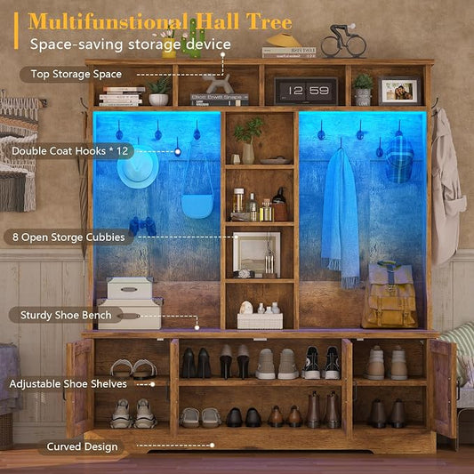 CSZZD Hall Tree with Bench and Shoe Storage, Farmhouse Entryway Bench with Coat Racks and Led Lights, Large Hall Tree with 12 Coat Hooks, 8 Storage Cubbies, Adjustable Shelf