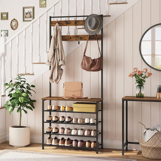 HOOBRO Hall Tree, Coat Rack with Shoe Rack, Hall Tree with Bench, 5 Tier Shoe Storage Organizer with 9 Hooks for Entryway, Closet, Sturdy, Industrial, Rustic Brown and Black BF80MT01G2