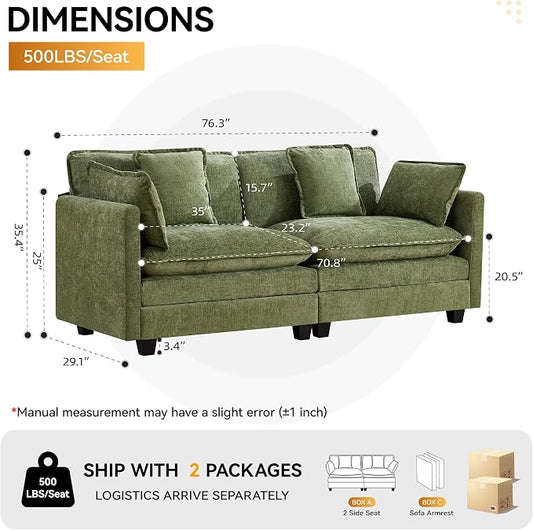 76" Cloud Loveseat Sofa, Modular Sectional Couch with Deep Seats and Double-Layer Thick Cushions, Chenille Upholstered 2-Seat Sofa for Living Room Apartment,Green