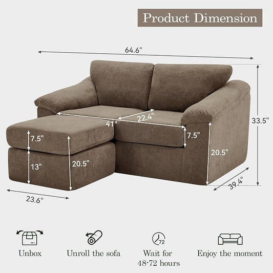 L Shaped Boneless Couch, Modern Loveseat Sofa with Ottoman, Floor Cloud Couch Sets with Extra Comfy Soft Deep Seats for Living Room, Apartment, No Assemby, Brown