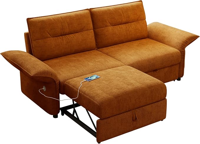 85" Pull Out Sofa Bed Full Size, Pre-Assembled Flannel Sleeper Sofa, Convertible Loveseat Futon Couch, Adjustable Armrest with USB, Pillows, for Apartment, Living Room, Small Spaces, Orange