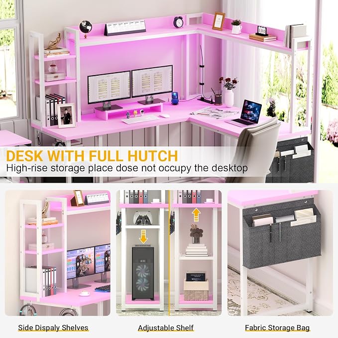 Aheaplus L Shaped Desk with Power Outlet, L Shaped Gaming Desk with Led Light & Hutch, Reversible Home Office Desk, Corner Computer Desk with Monitor Stand & Storage Shelves, Pink