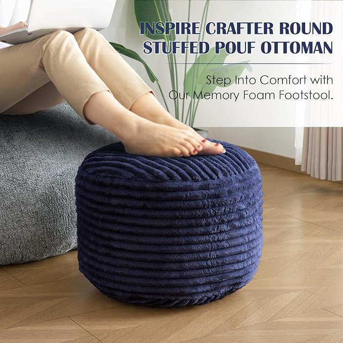 SHOUREN Stuffed Round Ottoman,Corduroy Pouf Ottoman Foot Rest with Foam Filling,Pouf Storage Ottoman Footstool for Living Room,18 X 14 Floor Poufs for Couch,Footrest Only - 18 X 14 Inches,Navy