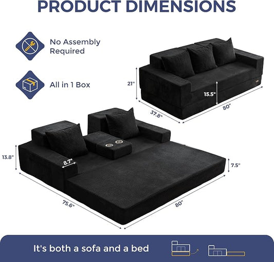 MAXYOYO Convertible Sofa Bed, 80" Oversized Boneless Loveseat Couch 4 in 1 Foldable Floor Sofa Couch in A Box with 2 Cup Holders, Folding Chair for Living Room, No Assembly Required, Black