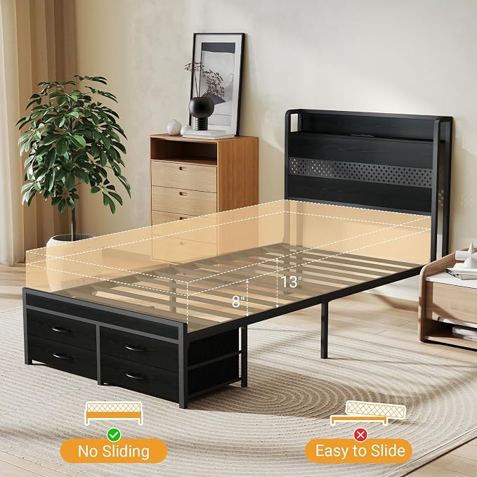 Zevemomo Twin Bed Frame with Drawers, Twin Metal Bed Frame with LED Light and Charging Station, Heavy Duty Metal Slats, No Box Spring Needed, Black