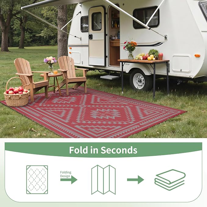 GENIMO Outdoor Rug for Patio Clearance - 6x9 ft Waterproof Plastic Camping Rugs, Reversible Outside Rv Mat Carpet for Porch, Deck, Picnic, Balcony, Beach, Backyard, Red Grey