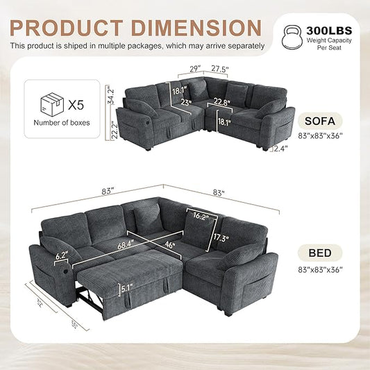 Hanherry Sectional Couch with Pull Out Sofa Bed,Corduroy Sleeper Sofa with 2 Seat Storage & USB Charging,Comfy L Shaped Modular Couches for Living Room,Apartment