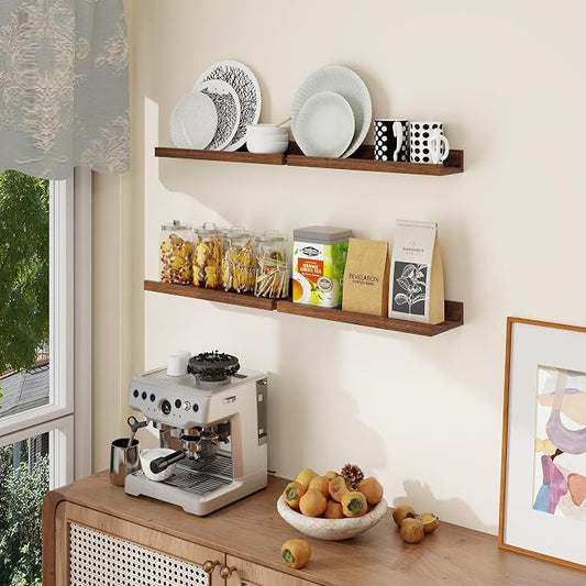 Axeman Picture Ledge Shelf | 16 Inch Walnut Floating Shelves Set of 4 | Rustic Wood Wall Shelves with Lip | 16" Picture Shelves for Wall with Ledge | Walnut Photo Shelves