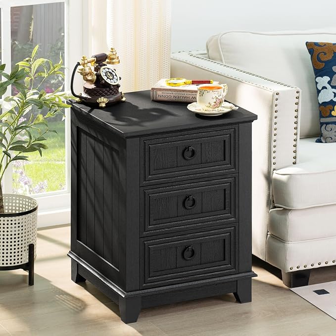 Joaxswe Farmhouse Night Stand Set of 2, 18" End Table with 3 Drawer Metal Handle, Dresser for Bedroom, Sofa Bed Side Table Chest of Drawers,Wood Nightstand Cabinet for Organizer, Living Room-Black