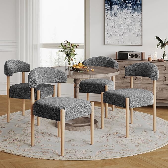 VKNOW Wooden Dining Chairs Set of 2 with Curved Open Back, Black | Natural Rubberwood Legs, Soft Chenille Fabric, Thickened Cushion, For Adults and Family, Dining Room, Kitchen, No Wobble