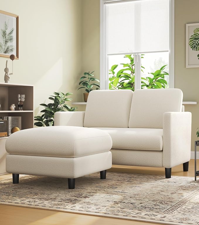 Welzona Loveseat, 51" Small L Shaped Couch, Comfy Teddy Love Seat with Ottoman Set, Tool-Free Setup Loveseat Sofa with Ottoman, All-Wood Small Sofa Couch for Bedroom, Couch for Living Room, Beige