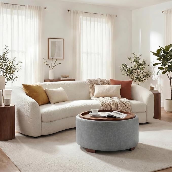 29.1 Inch Round Ottoman Coffee Table, Ottoman with Storage, Leather Grey | Storage Ottoman with Removable Lid Top, Solid Wood Legs, Round Ottoman for Living Room, Bedroom, Apartments