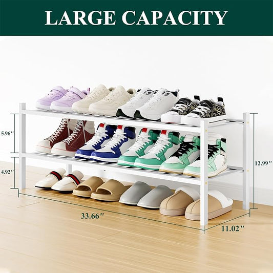 Smiry Long Bamboo Shoe Rack, 2 Tier Free Standing Wooden Shoe Organizer, Stackable Wood Shoe Storage Shelf for Closet, Entryway, 12 Vertical Slats, One-piece Standard Legs, 33.7"x11"x13", White