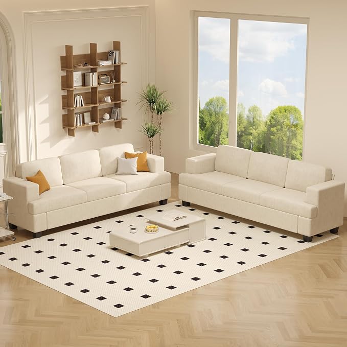 Apicizon Cloud Couches Living Room Furniture Sets, 3 Seater Sofa & 3 Seater Sofa for Bedroom, Comfy Chenille Couch Sleeper Sofa for Apartment Lounge, White Chenille
