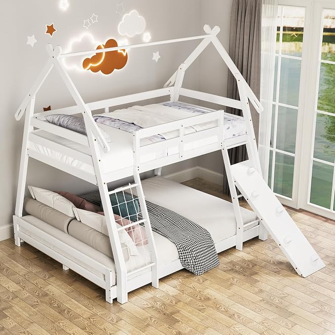 KOTEK Twin Over Queen Bunk Bed, House Bunk Beds with Climbing Nets and Ramp, No Box Spring Needed, Solid Wood Low Bunk Bed Frame for Kids Boys Girls (White)