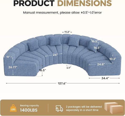 Oversized Curved Sofa, 4 Seater Modular Velvet Cloud Couch, Modern Boneless Sectional Couches for Living Room, No Assembly Required, Light Blue 1PC