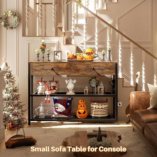 Ecoprsio Entryway Table with Outlets and USB Ports, Console Table with 2 Drawers, Small Sofa Table with Storage Shelves for Living Room, Couch, Hallway, Foyer, Kitchen Counter, 32'', Rustic