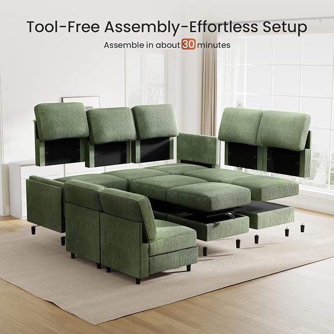 KKL Modular 83'' 6 Seater Sofa Bed - Sectional Sofa with Storage Ottoman, Convertible U/L -Shaped Sleeper Couch for Living Room, Modern Reversible Design, Green