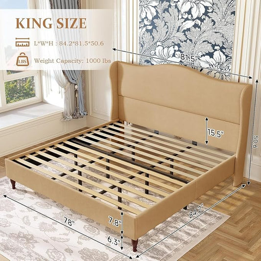 koorlian King Size Bed Frame Upholstered Platform Bed with 51'' Tall Fabric Headboard and Wooden Slats Support, Retro Minimalist Style/Fully Upholstered/Easy Assembly, Warm Brown