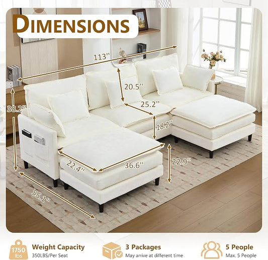113" Chenille Modular Sectional Sofa, Convertible L Shaped Modular Sofa Comfy Cloud Couch with Ottoman, Side Pockets and 5 Throw Pillows for Living Room (White, 113" - 5 Seats)