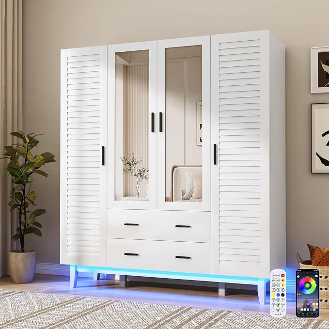 jiteentarou 4 Door Armoire Wardrobe Closet Cabinet with Drawers and LED Lights, Multi-Tier Shelves, Hanging Rod & 4 Louver Doors, Large Capacity Storage Wardrobe Armoire for Bedroom(4 Doors White) | 4 Door