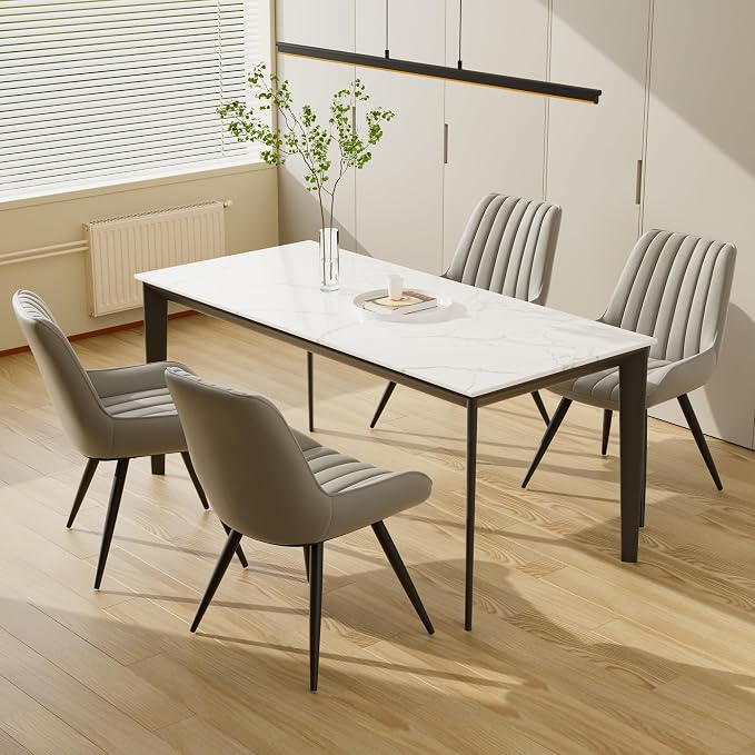 Mid Century Modern Dining Chairs Set of 4, Soft Cushion Upholstered Fabric, Light Grey