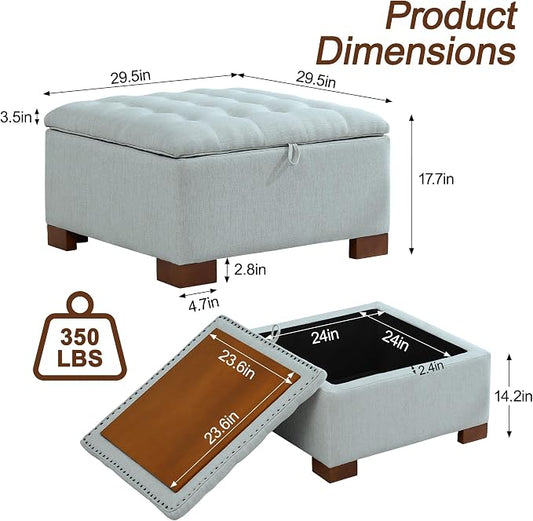 WUTUTUEE 30" Fabric Square Storage Ottoman with Wooden Tray, Modern Tufted Button Footstool Coffee Table, Upholstered Large Ottoman for Living Room, Bedroom, Blue