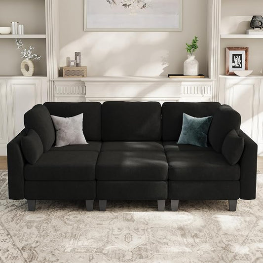 Sectional Sleeper Sofa, 6 Seaters Modular Sleeper Sofa Couch, Comfy Sectionals Couches Bed, Convertible Sofas with Ottomans, Modular Sectional Couches for Living Room, Black