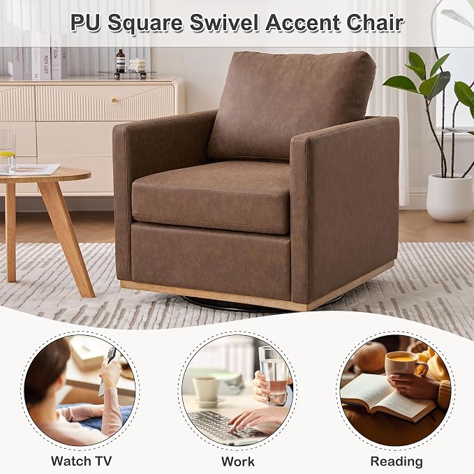 Swivel Accent Chair Set of 2, 360 Degree Square Swivel Chair for Living Room, Mid Century Modern Upholstered Barrel Chair,Comfy Sofa Armchairs for Bedroom,Nursery,PU Leather, Coffee