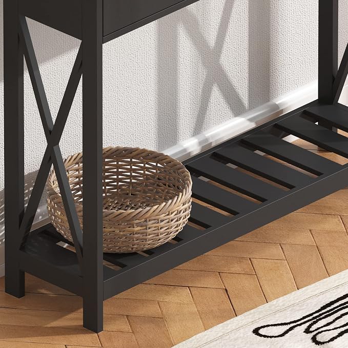 ChooChoo Farmhouse Console Table with Drawer for Entryway, Narrow Long Entry Table with Shelf for Living Room, Rustic Vintage Hallway Sofa Table with Stable X Supports, 40 Black