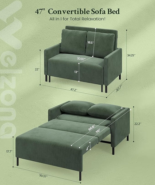 Welzona 47.2" Convertible Sofa Bed Couch, Comfy Corduroy Loveseat Sleeper Sofa, 620lbs Capacity Couch Bed, Easy Setup Love Seat Sleeper Bed with 2 Pillow, Small Couches for Living Room/Office, Green