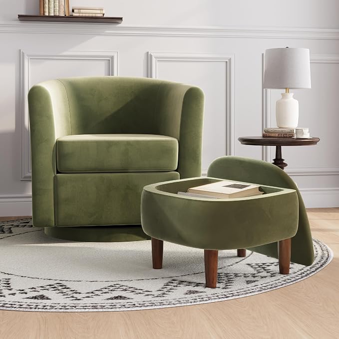 Swivel Accent Chair with Storage Ottoman, Small Modern Velvet Barrel Chair, Upholstered Armchair with Footrest for Living Room/Reading/Bedroom, 24.8'' D x 25.38'' W x 25.6'' H, Green