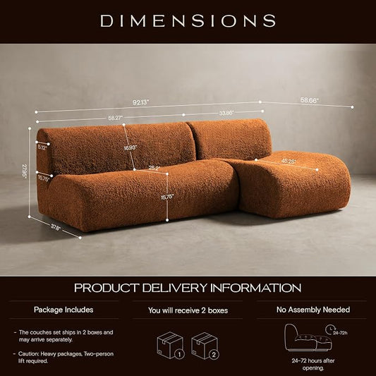 92" Curved Sectional Sofa with Chaise Set, Boneless 3-Seater Modular Couch, Reversible L-Shaped Couches with Deep Seat, Sherpa Sofas for Small Living Room, Bedroom, Apartment – No Assembly, Brown